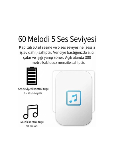 Pilsiz Led Li Modern Kablosuz Kapı Zili - 1 Zil Alıcısı 1 Kapı Butonu 300m Menzil / 60 Melodi / 5 S