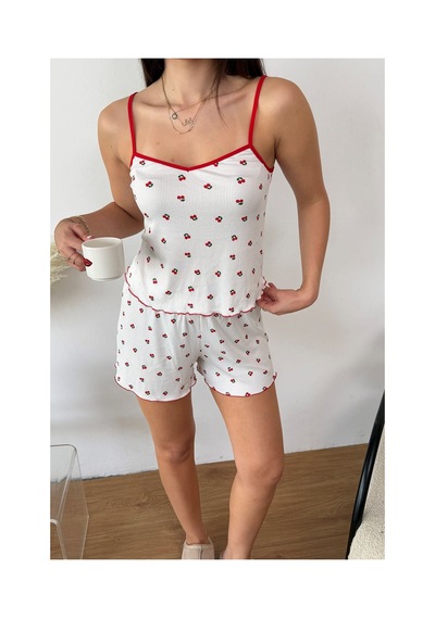 Giysa Kadın Askılı Kiraz Desenli Şortlu Pijama Takımı Beyaz - 3300