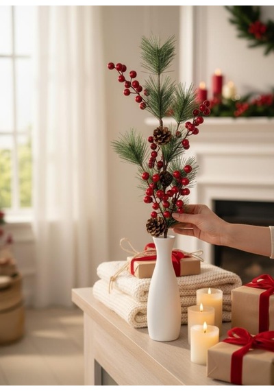 Yapay Çiçek Kokina Ve Çam Dalı Uzun Dal Kozalaklı 75cm Yılbaşı Çiçeği Red Berry Kırmızı