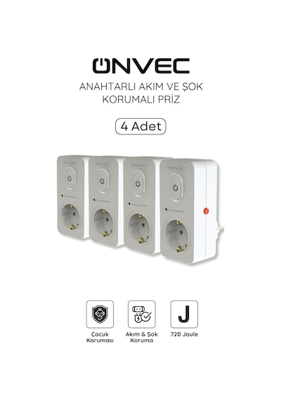 Onvec Basic Anahtarlı Akım Ve Şok Korumalı Priz 720 Joule 4 Adet Yok