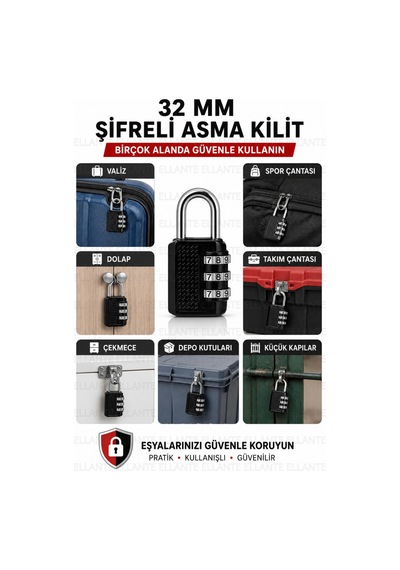 Premium 32 Mm Şifreli Asma Kilit 3 Haneli Kombinasyonlu Anahtarsız Güvenlik Kilidi Valiz Dolap Çanta