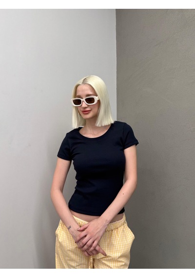 Lacivert Geniş Yaka Fittili Basic Kadın T-shirt Mg2293 Lacivert