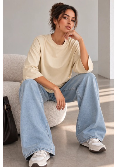 Bb Butik Basic Kadın Oversize Modal Bluz Truvakar Kol Basic Lnc34 Açık Sarı