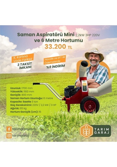 Saman Aspiratörü Mini 2,2kw 3hp 220v Ve 6 Metre Hortumu