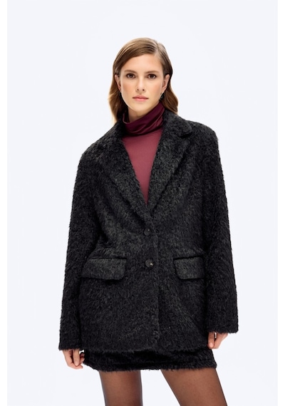 Quzu Tüylü Dokulu Oversize Blazer Ceket Siyah Çok renkli
