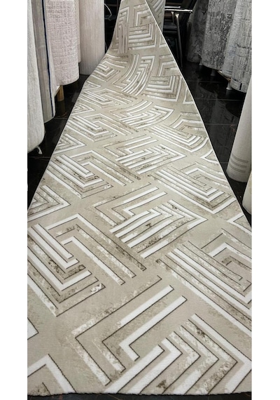 Nesrin Jel Taban Kaymaz Modern Krem Kahve Beyaz Çizgili Güzel Kesme Hali Yolluk