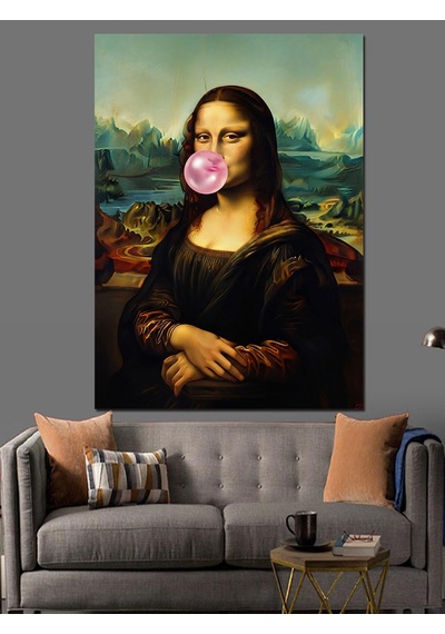 Ahşap Tablo Sakız Şişiren Mona Lisa