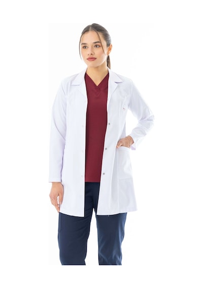 Spor Yaka Orta Boy Kadın Doktor Önlüğü Alpaka Kumaş Beyaz Bko006 Beyaz