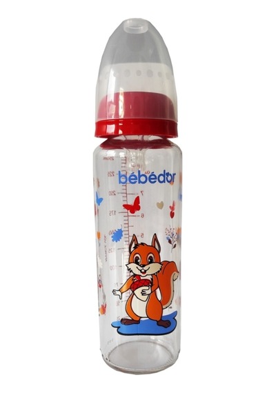 Bebedor Desenli Silikon Emzikli Orta Akış Kırmızı 250 ML Cam Biberon 31302