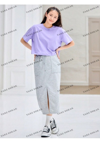 Flood Of Style Crop Ckod-232913 Pamuk Damla Omuz Düz Kısa Mor