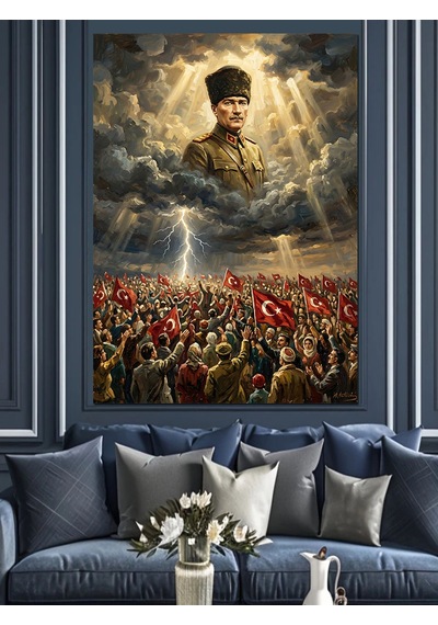 Kalabalık Üstünde Atatürk Işıklı Bulut Dekoratif Kanvas - Mdf Ahşap Tablo