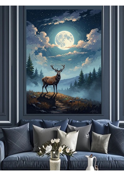 Ahşap Tablo Gece Manzaralı Karlı Orman Ve Geyik