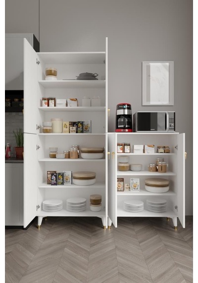 Simple Sp6190 Çok Amaçlı Dolap 6 Kapaklı Mutfak Dolabı Balkon Dolabı Kiler Banyo Dolabı Ayakkabılık Beyaz Gold