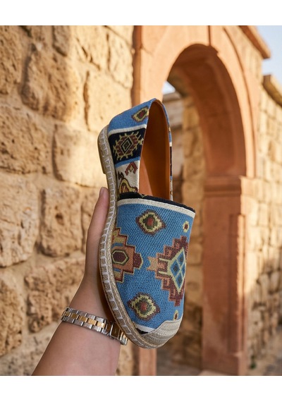 Futsishoes Vıola Mavi Hakiki Deri Kilim Desenli Kadın Etnik Desen Espadril Ayakkabı
