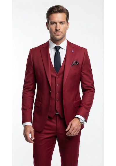 Erkek 3 Parça Slim Fit Takım Elbise Klasik Likralı Kumaş, Tek Düğme, Çift Yırtmaçlı Modern Kesim Ceket Yelek Pantolon Bordo Erkek 3 Parça Slim Fit Takım Elbise Klasik Likralı Kumaş, Tek Düğme, Çift Yırtmaçlı Modern Kesim Ceket Yelek Pantolon Bordo