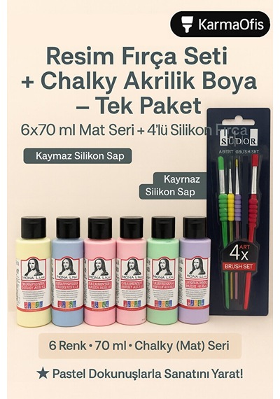 Resim Fırça Seti Silikon Saplı 4 Lü + Chalky Akrilik Boya Seti 6