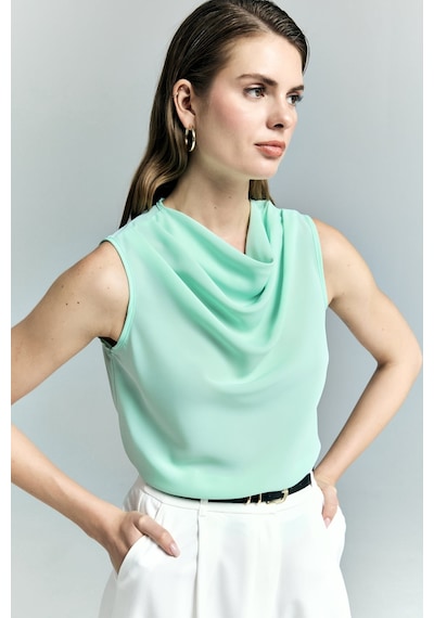 Degaje Yaka Kolsuz Bluz - Mint-136990 MİNT