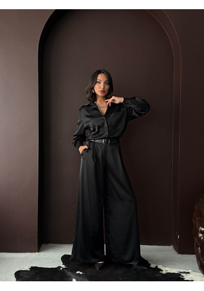 Verymoda Yüksek Bel Bol Paça Saten Pantolon Şık Ve Rahat Tasarım F2052 Siyah