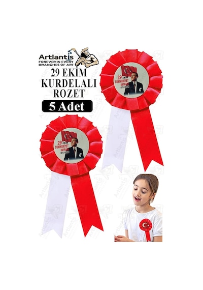 29 Ekim Atatürk Kurdelalı Rozet 5 Adet Kırmızı Beyaz Yaka Rozeti Çocuk Bayram Etkinlik 15 Cm Kokart