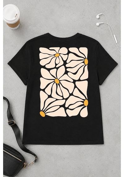 Spoyi Yaz Çiçeği Tasarımlı %100 Pamuk Yarım Oversize Siyah T-shirt