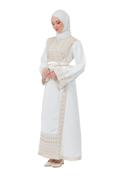 Zaytoon Filistin Nakışlı Modern Beyaz Kaftan Elbise - Geleneksel Şıklık Altın