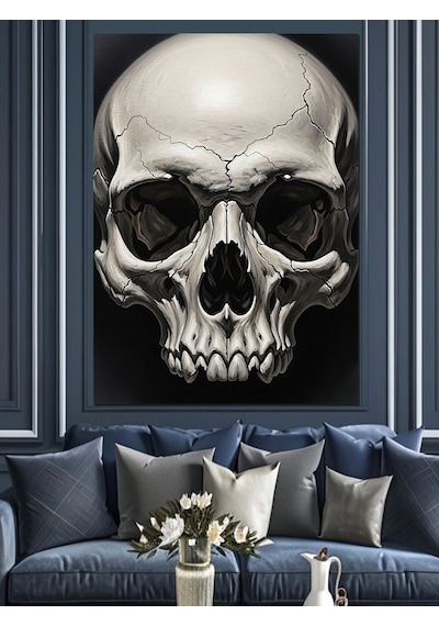 Ahşap Tablo Siyah Beyaz Kafatası Çizimi