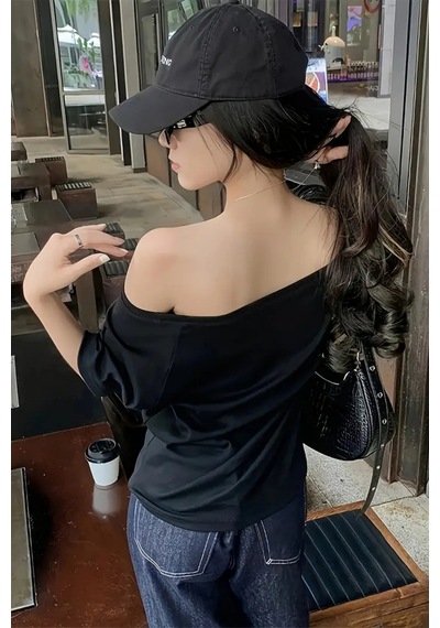 Siyah Lacivert 2li Paket Kadın Düşük Omuz Kayık Yaka Oversize T-shirt Siyah Lacivert