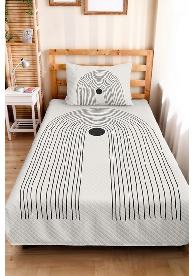 Siyah Geometrik Modern Genç Odası Tek Kişilik Pike Takımı - Minimal 160x220 Cm Kapitone Yatak Örtüsü Kremamsı Kil Kokusu