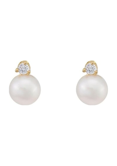 14 Ayar Altın Üç Tırnaklı Pırlantalı 0,03 Karat İnci Küpe 3 Mm Rose