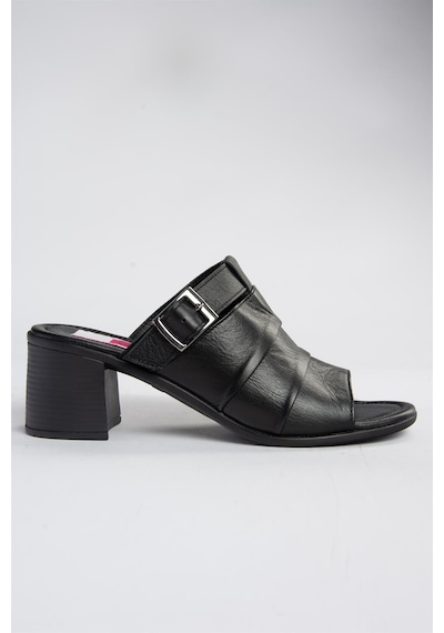 Fox Shoes P555450903 Siyah Hakiki Deri Kalın Topuklu Günlük Kadın Terlik