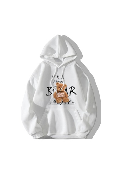 Altamira Unisex Beyaz Bear Ayı Baskılı Oversize Kapşonlu Sweatshirt 001