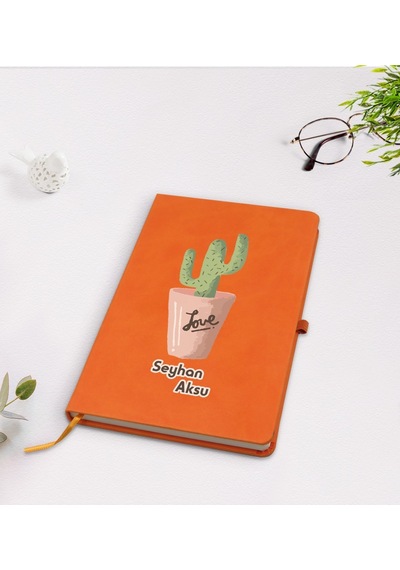 Kişiye Özel Kaktüs Tasarımlı Turuncu Termo Deri Defter Model 5