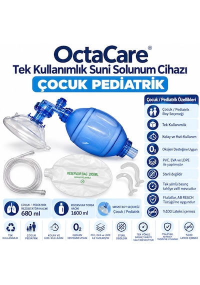 Octacare Çocuk Pediatrik Ambu Seti Tek Kullanımlık Manuel Suni Solunum Cihazı Rezervuar Balonlu, Oksijen Hortumlu Ve Maskeli Resüsitatör Seti 10 Adet