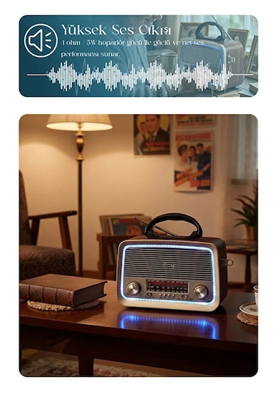 Bluetooth Nostaljik Speaker Fm/am/sw Radyo Şarj Edilebilir Aydınlatmalı Retro Hoparlör
