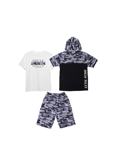 Fyk Kids Erkek Çocuk 3'lü Kamuflaj Desenli Kapri-baskılı Tişört- Kamuflaj Desenli Sweatshirt Alt Üst Takım Gri