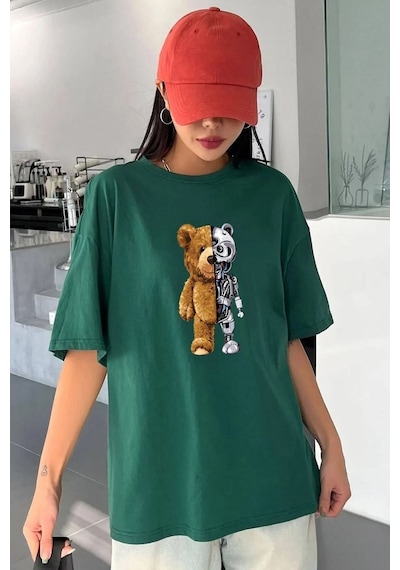 Unisex Boys Bear Baskılı Tasarım Tshirt Yeşil