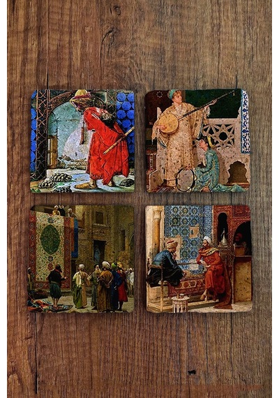 Doğal Taş Bardak Altlığı Uv Baskılı 4'lü Set Kaplumbağa Terbiyecisi - Stone Coasters Çok Renkli
