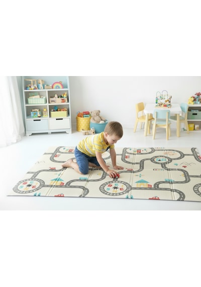 Pureza Çift Taraflı Katlanabilir Oyun Matı 200cmx130cmx1cm Kaymaz, Darbe Emici, Su Geçirmez, Bebek Ve Çocuklar İçin, Yeşil Parkur/Araba Yarışı, Taşıma Çantası Hediyeli Yerli Üretim