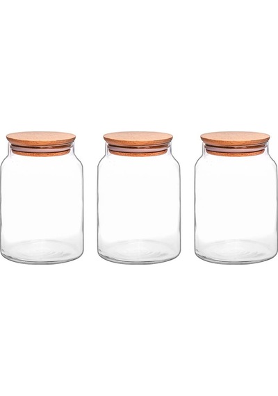 Selka Home 3'lü 890 Ml Sade Ahşap Kapaklı Cam Kavanoz