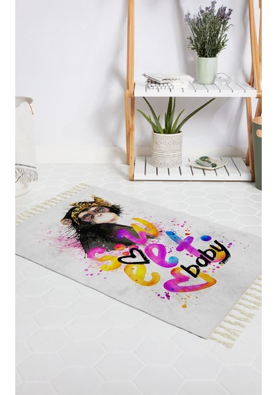Banyo Halısı Dijital Baskılı Banyo Paspası 50x80 Polyester Kaymaz Tabanlı Duş Paspası Sweet Baby Beyaz - Siyah