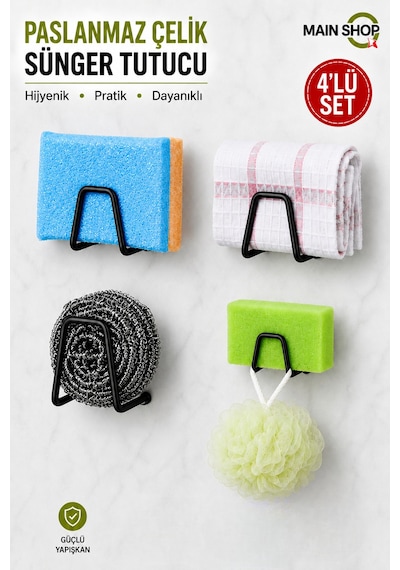 Mainshop 4 Adet Siyah Sünger Askılığı - Paslanmaz Çelik Suya Dayanıklı Delme Gerektirmeyen Tutucu M-sng1