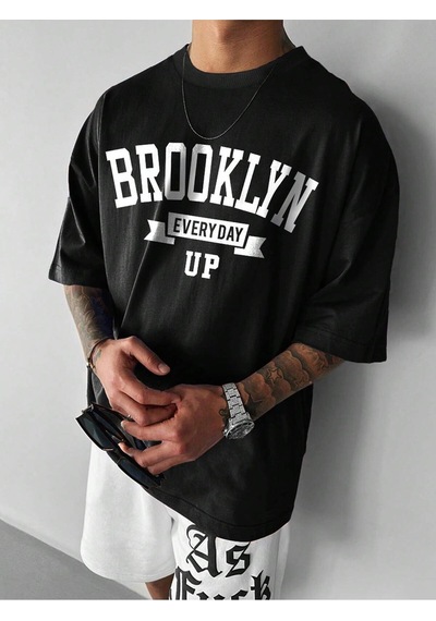 Brooklyn Up T-shirt - Siyah Baskılı Oversize Bisiklet Yaka Kısa Kol Tişört Siyah