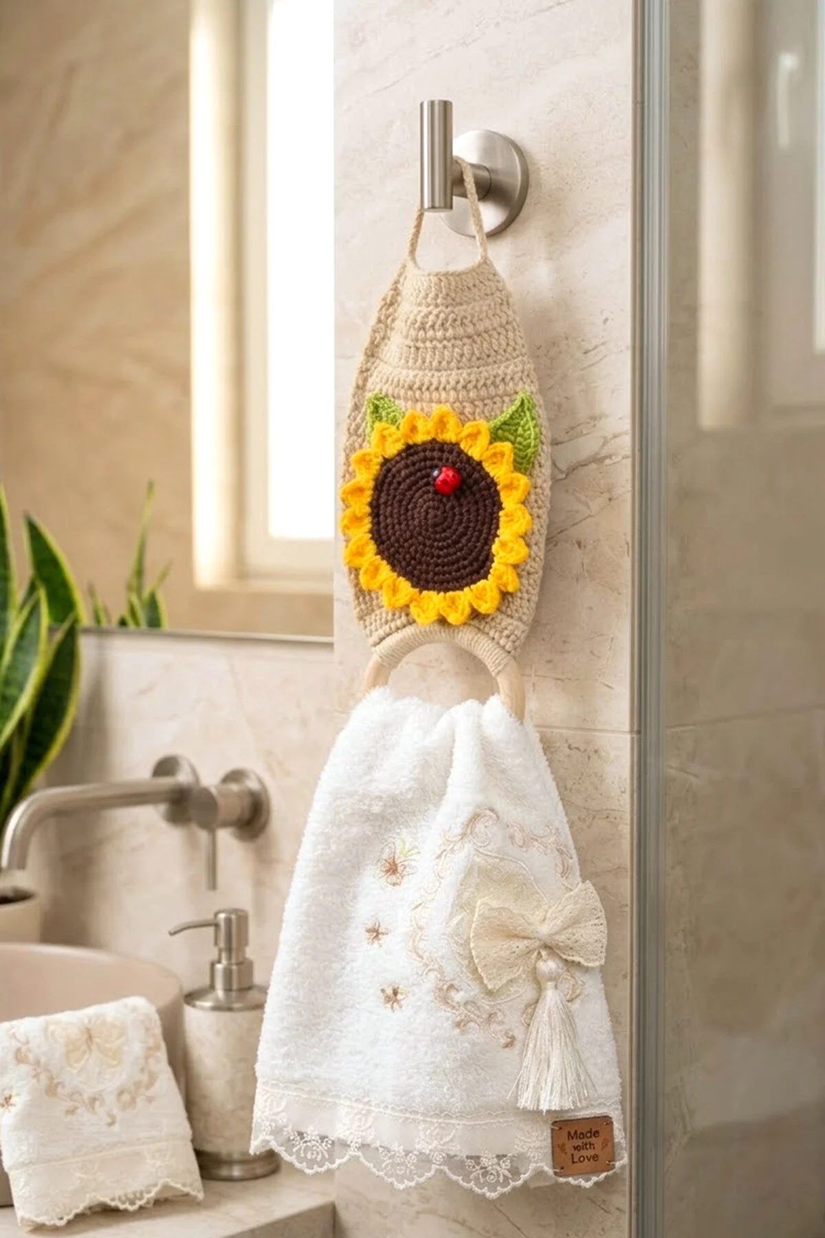 El Örgüsü Figürlü Mutfak Ve Banyo Havlu Askısı - Ahşap Bambu Dekoratif Havluluk Sarı