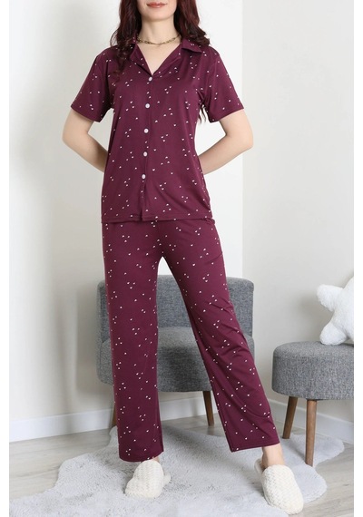 Modi Milan Kumaş Düğmeli Pijama Takımı Mürdüm - 750.1287. Açık Bej - Siyah