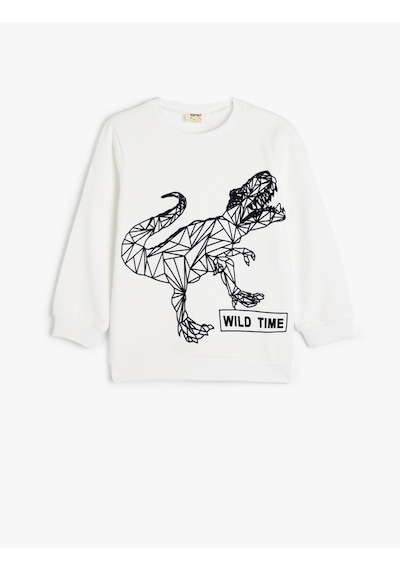 Koton Dinozorlu Sweatshirt Şardonlu Uzun Kollu Bisiklet Yaka Ekru 5wkb10220tk Ekru