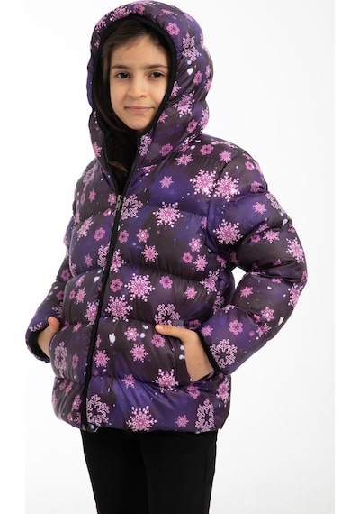 Spor Kız Çocukçiçek Desen Polar Su Ve Rüzgar Geçirmez Kapüşonlu Şişme Mont-95 Mor