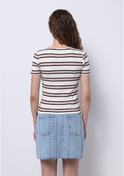 Colins Slim Fit Yuvarlak Yaka Çizgili Kadın Ekru Kısa Kol Tişört Cl1076458 Q1.v1 Ecr Gri