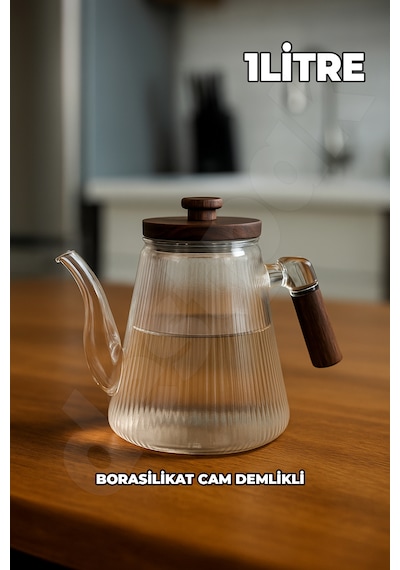 Akasya Kapaklı Ve Saplı Cam Demlik - Isıya Dayanıklı - Cam Demlikli - 3 Parça - 1 Litre Cam