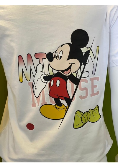 %100 Pamuk Basik Bisiklet Yaka Örme Mickey Mause Minny Mause T-shirt Beyaz