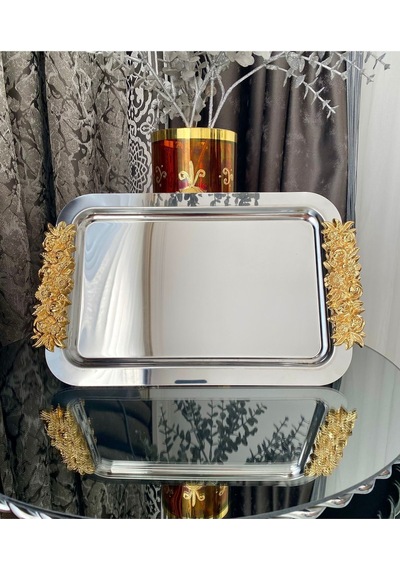 Atabey Home Collection 2'li Kahve & Çay & Sunum Dikdörtgen Büyük Sunum Tepsisi Çelik Gül Model Gold 30 Cm